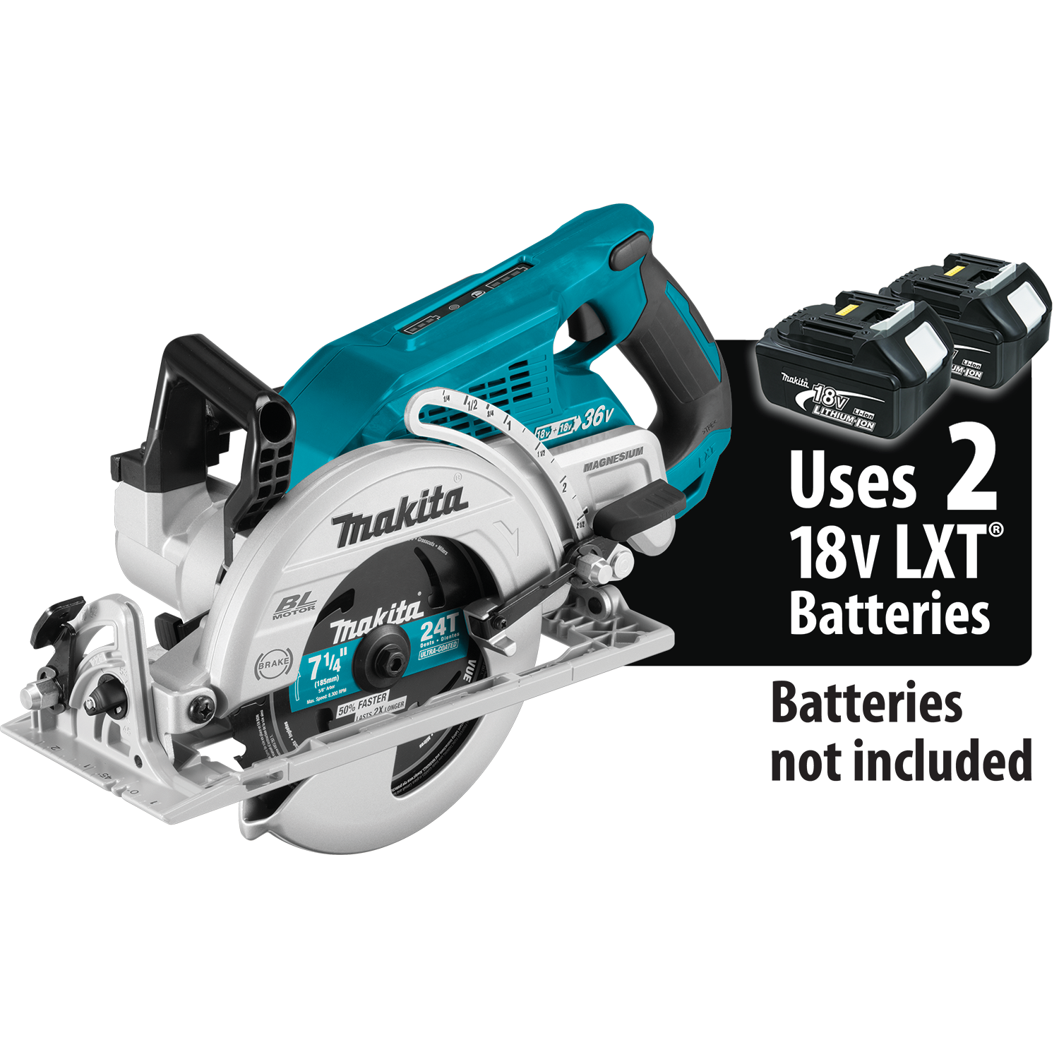 Manufacturer product image of Makita XSR01Z rear-handle saw with two-battery illustration and batteries-not-included label