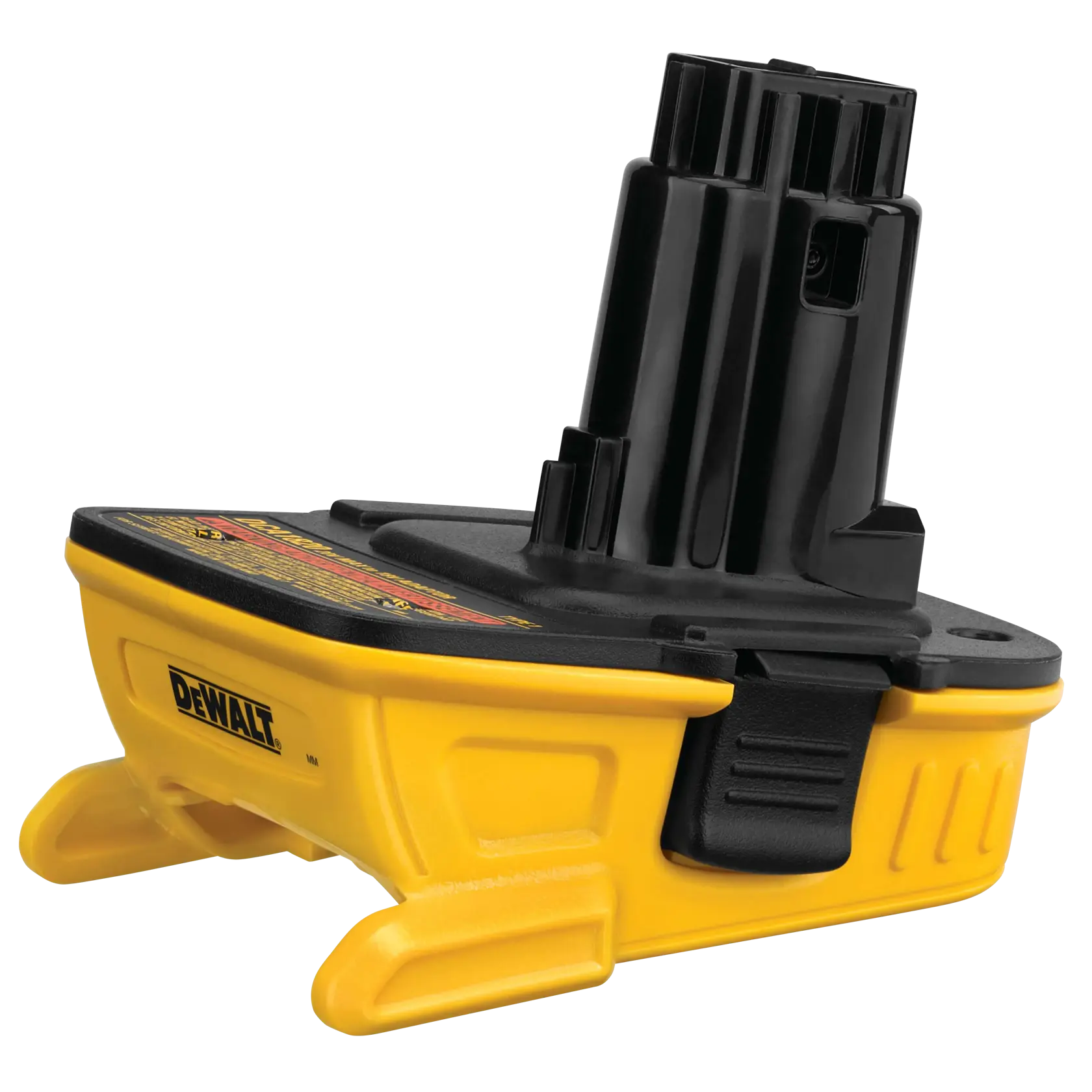 DEWALT adapter with slide-battery rails and a projecting legacy-tool stem