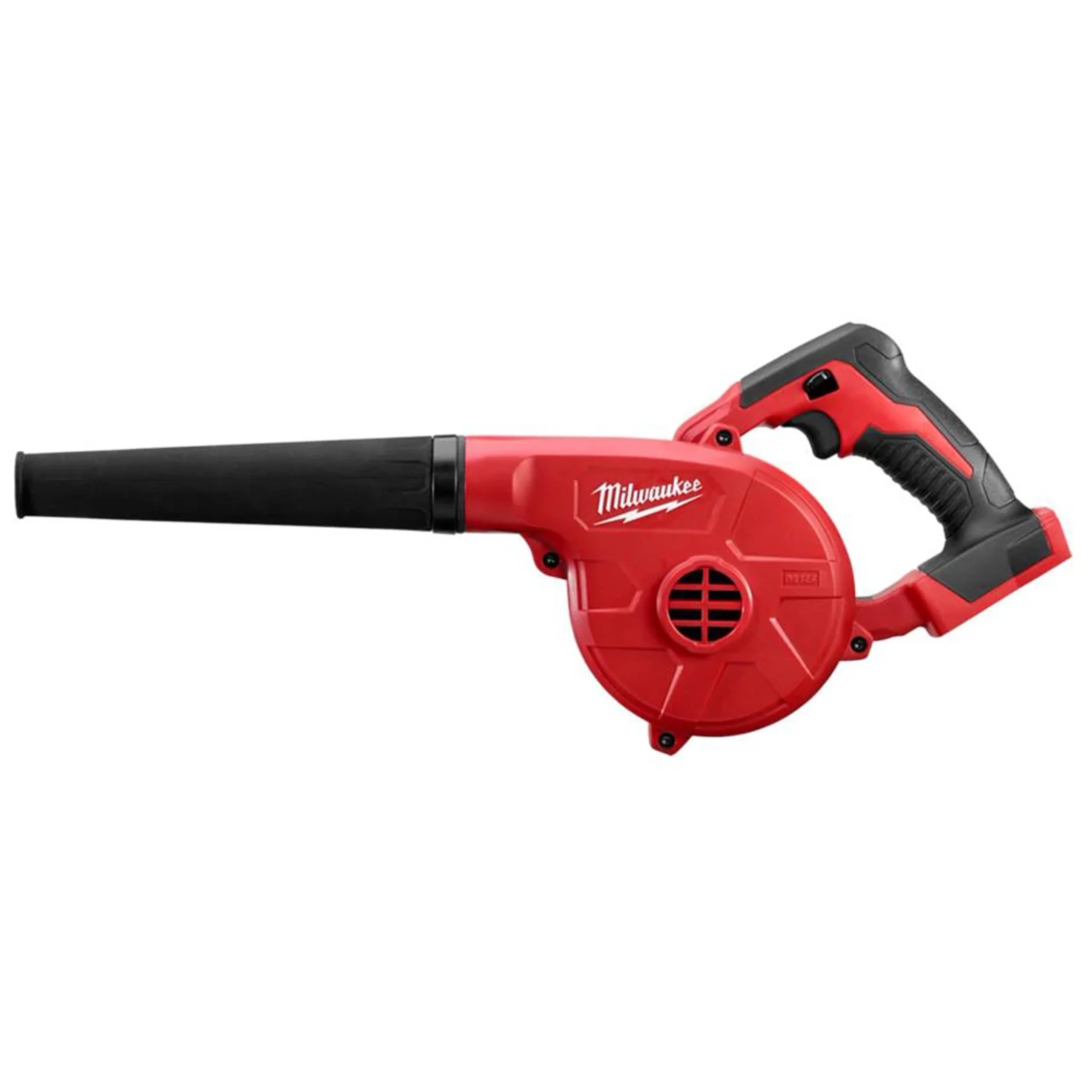 Compact battery blower with centrifugal housing, narrow nozzle and empty M18 battery slot.