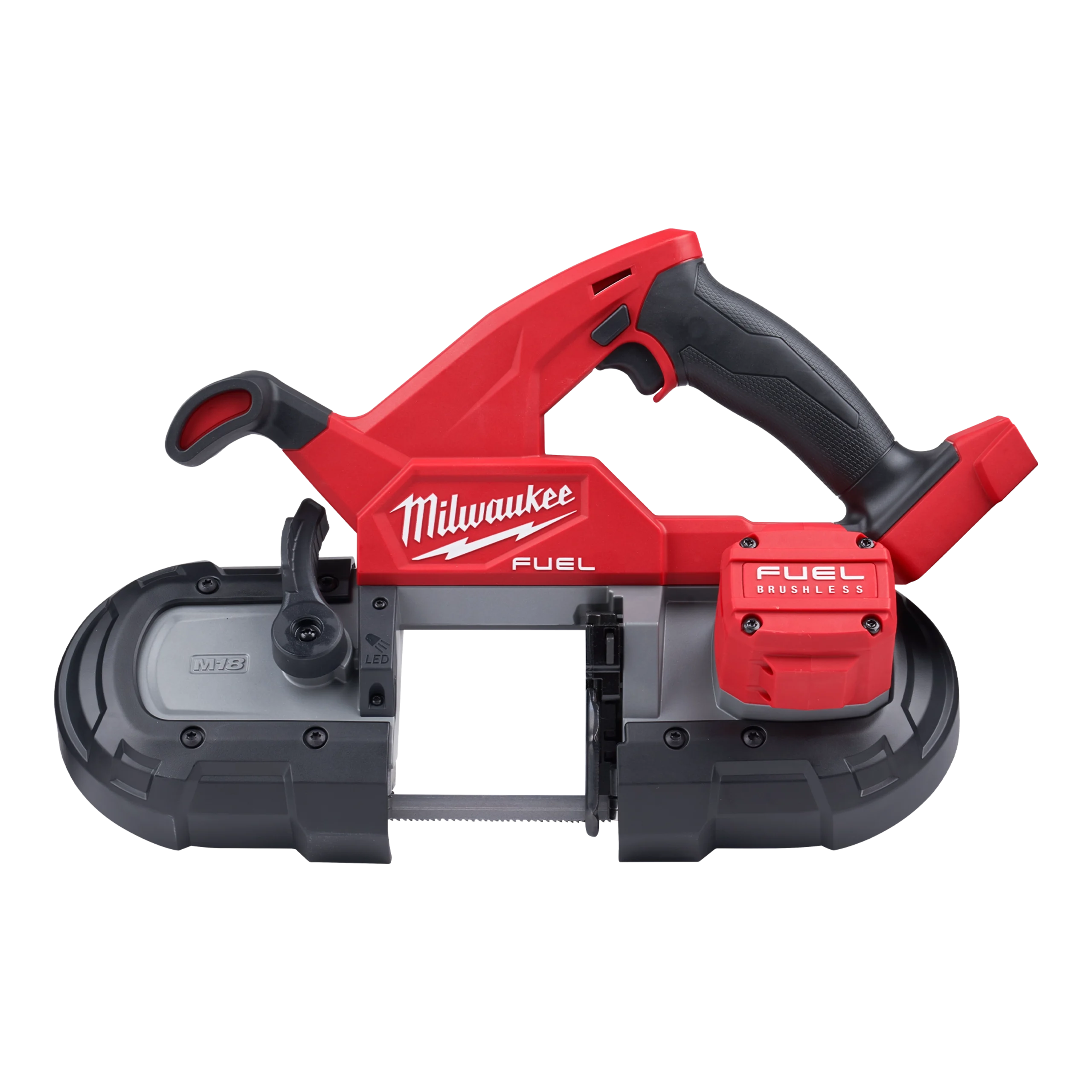 Handheld bandsaw with enclosed wheels, exposed cutting span, shoe and tension lever.