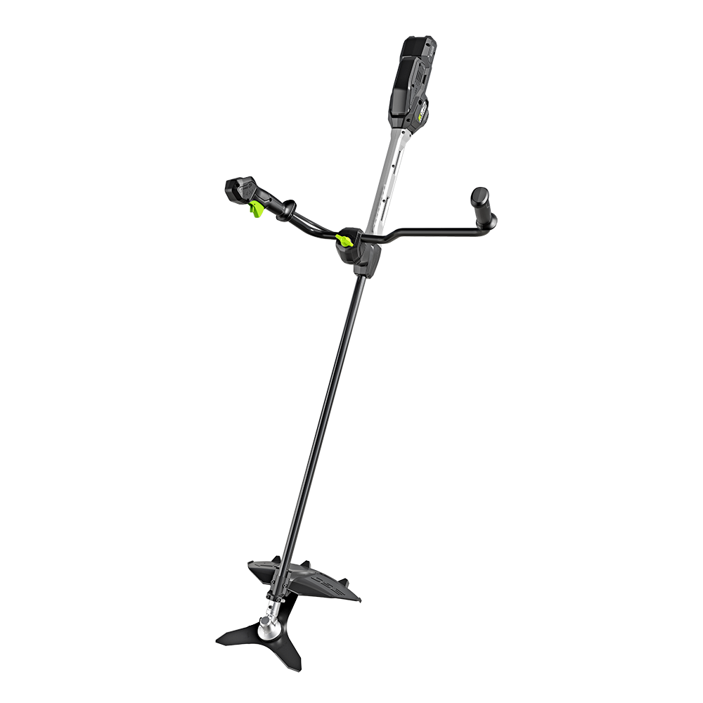 Battery brush cutter with bike handles, long shaft, guard and three-point metal brush blade.