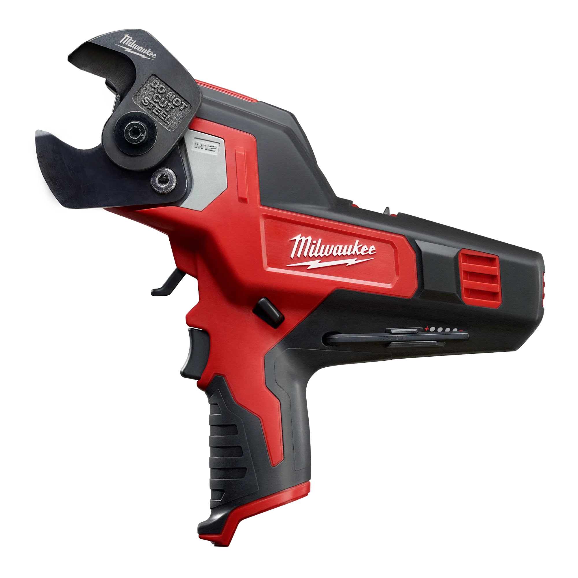 Cordless open-jaw copper cable cutter; jaw visibly marked do not cut steel.