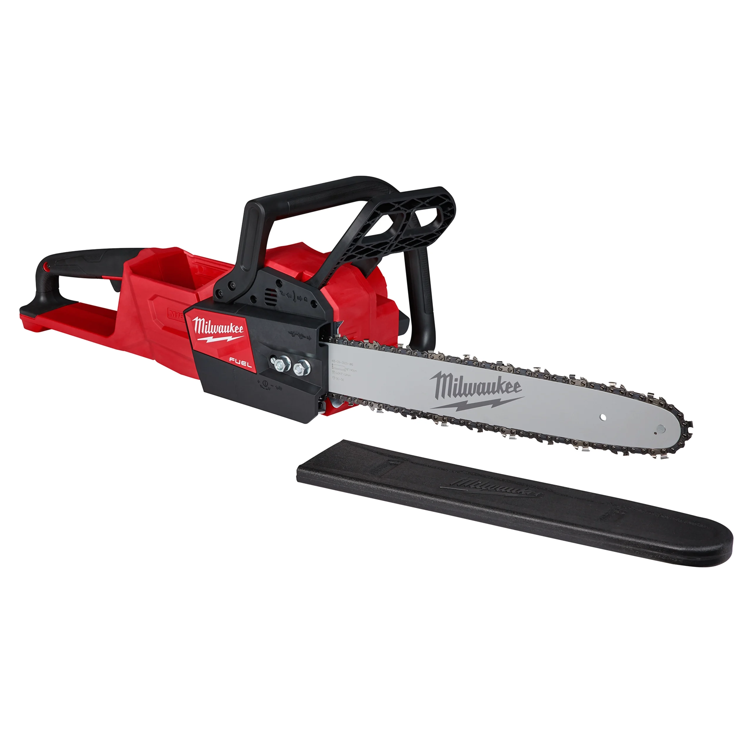 Cordless chainsaw with chain bar, front/rear handles, hand guard and separate bar cover.