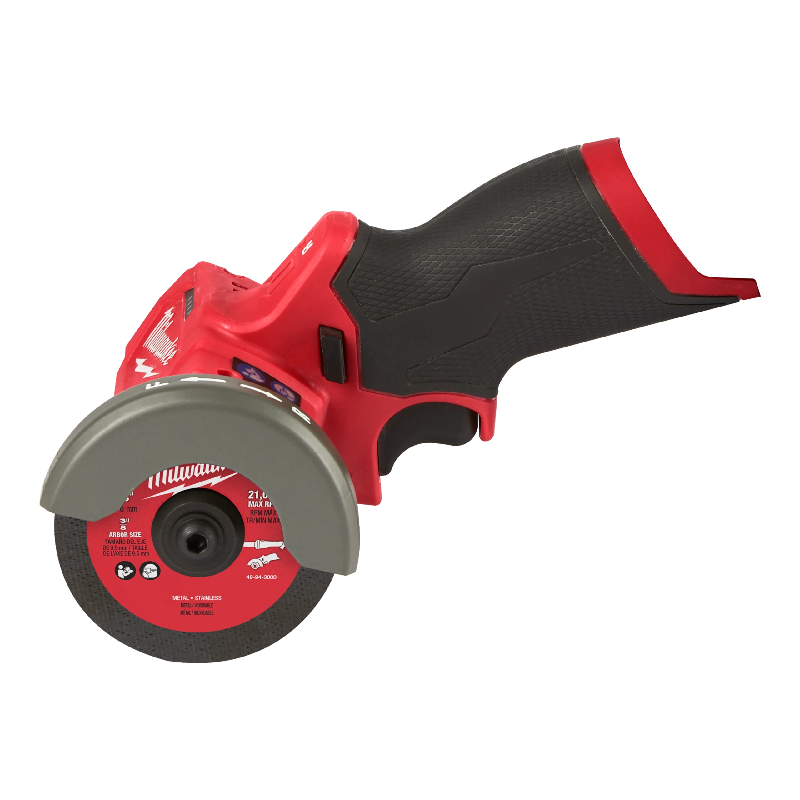 Compact 3-inch cutoff tool with metal abrasive wheel and factory guard visible.