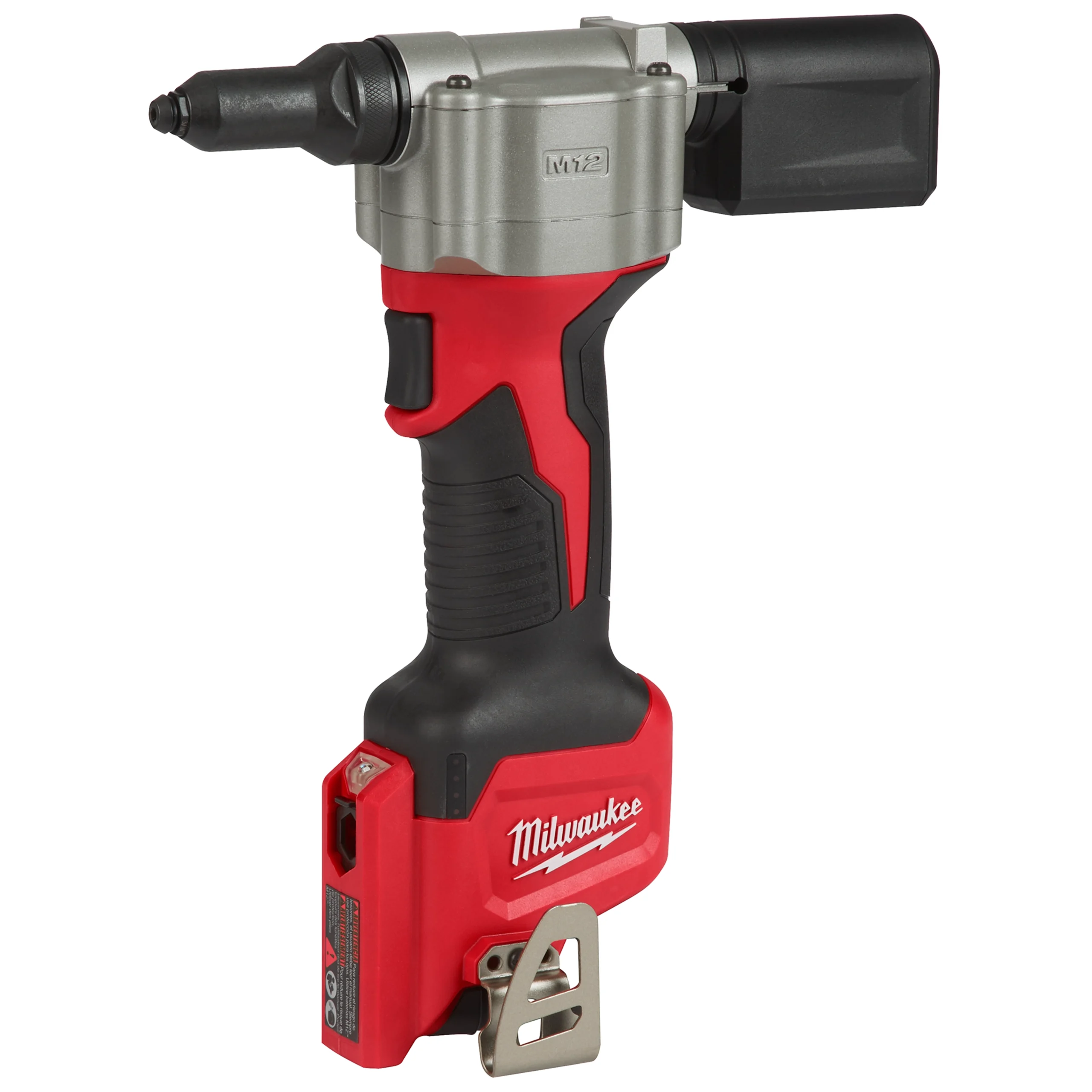 Cordless riveter with nosepiece, rear spent-mandrel collector, trigger and compact handle.