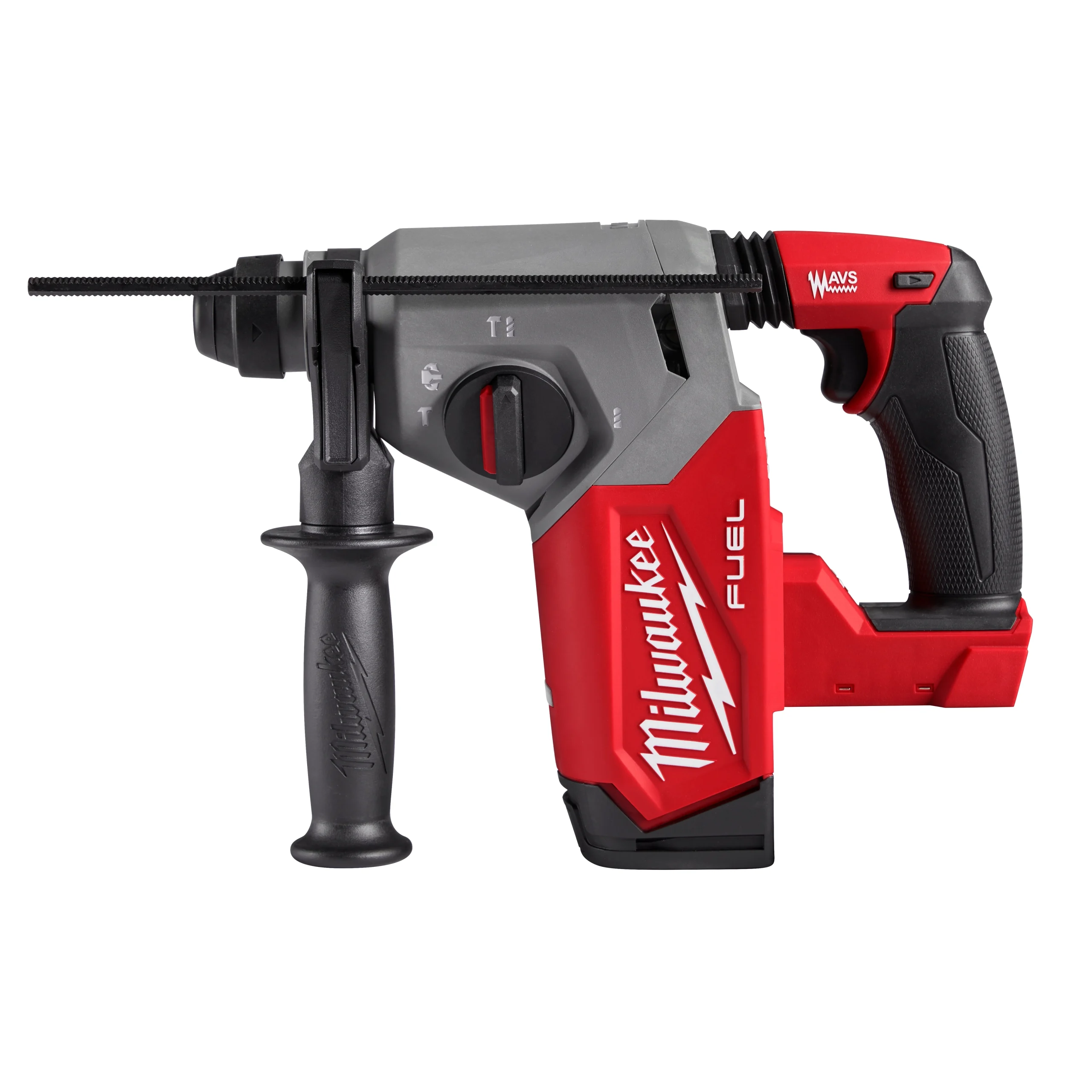 Cordless SDS-Plus rotary hammer with auxiliary handle, depth rod, mode selector and empty battery interface.