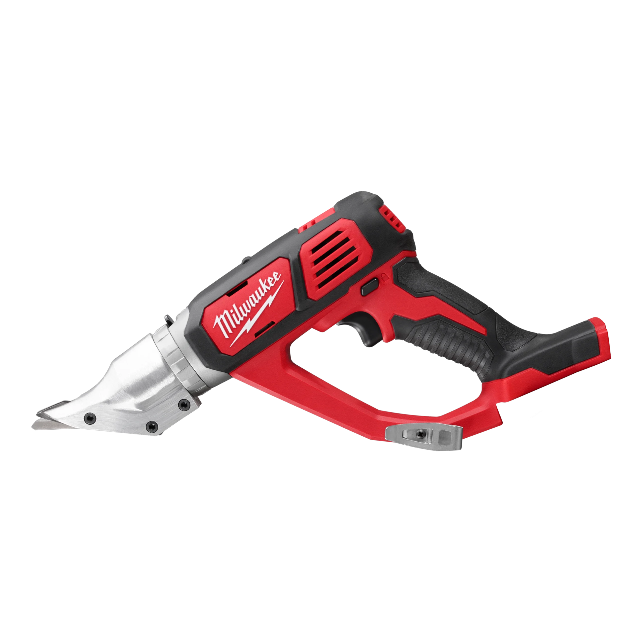 Cordless inline metal shear with double-cut head and empty slide battery interface.