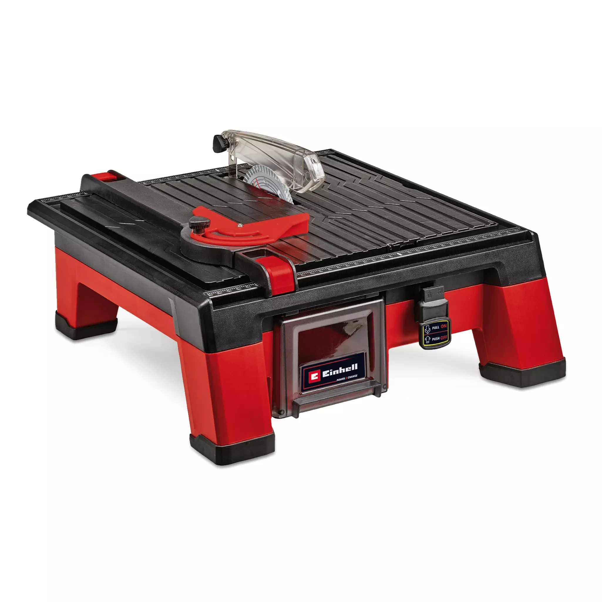 Compact tabletop tile saw with diamond cutting disc, transparent guard, fence, angle guide and covered battery compartment.