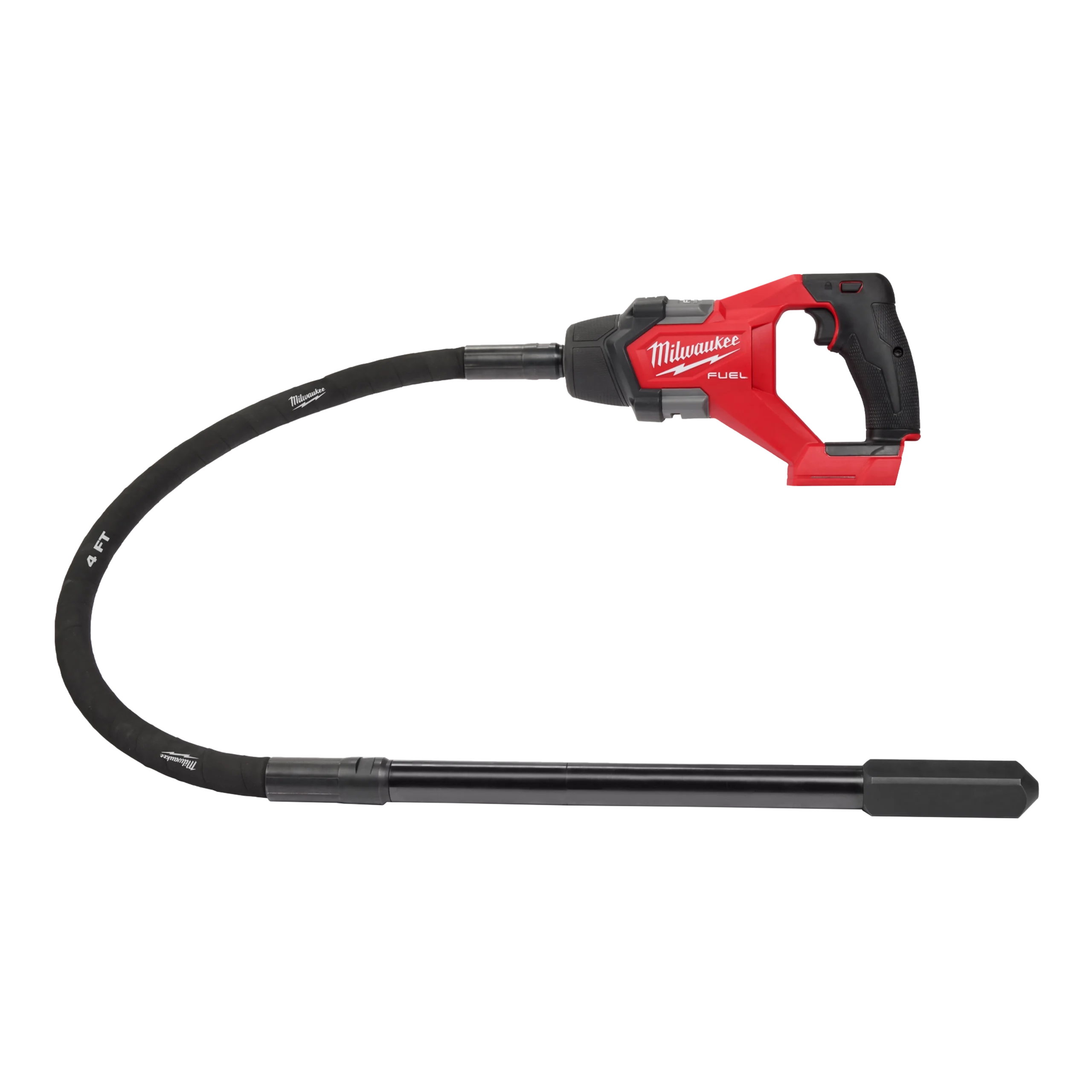 Cordless motor housing, flexible shaft and immersion vibrator head; no concrete operation shown.