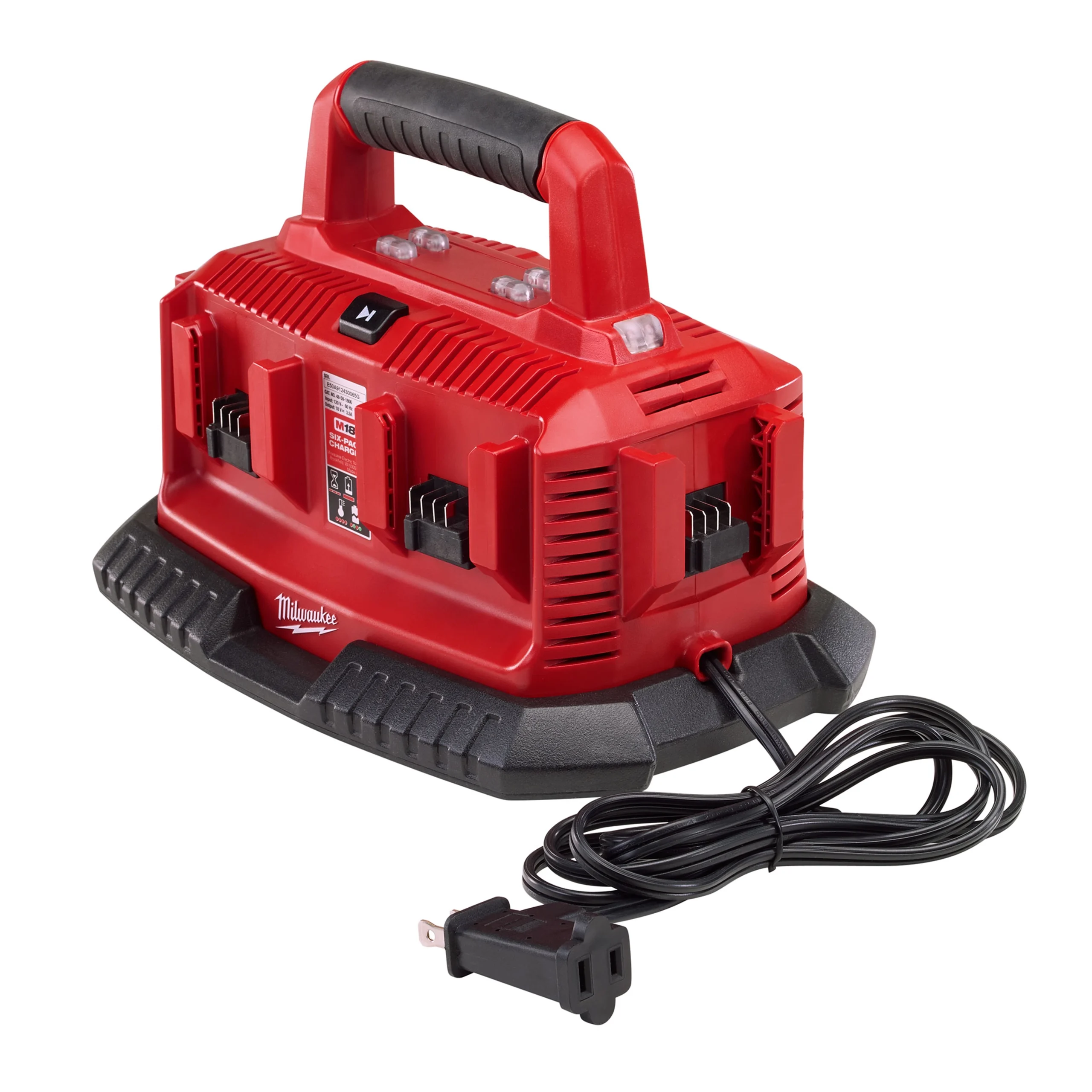 Red six-bay battery charger with carry handle and mains cord
