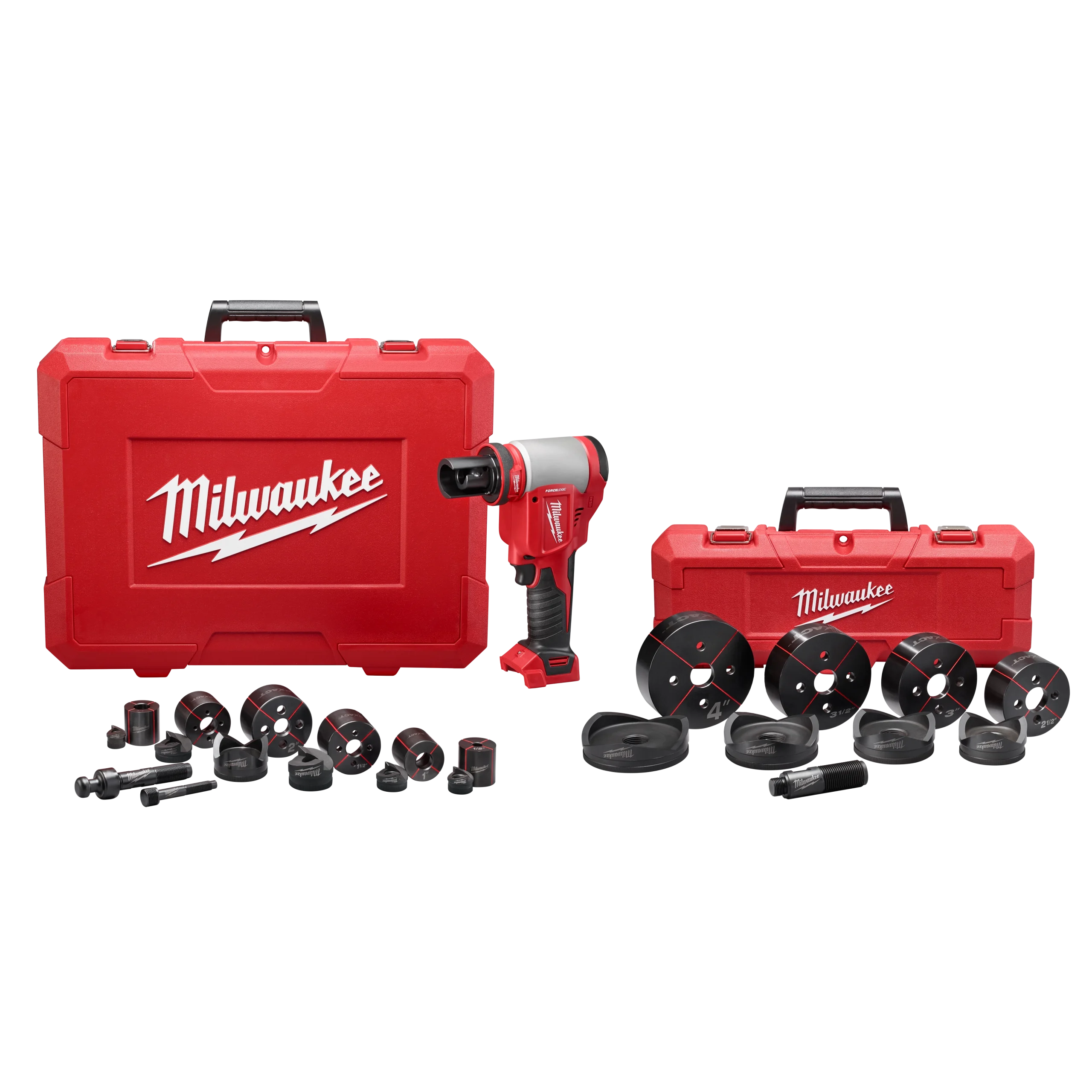 Cordless hydraulic knockout tool with circular punches, dies, draw studs and cases