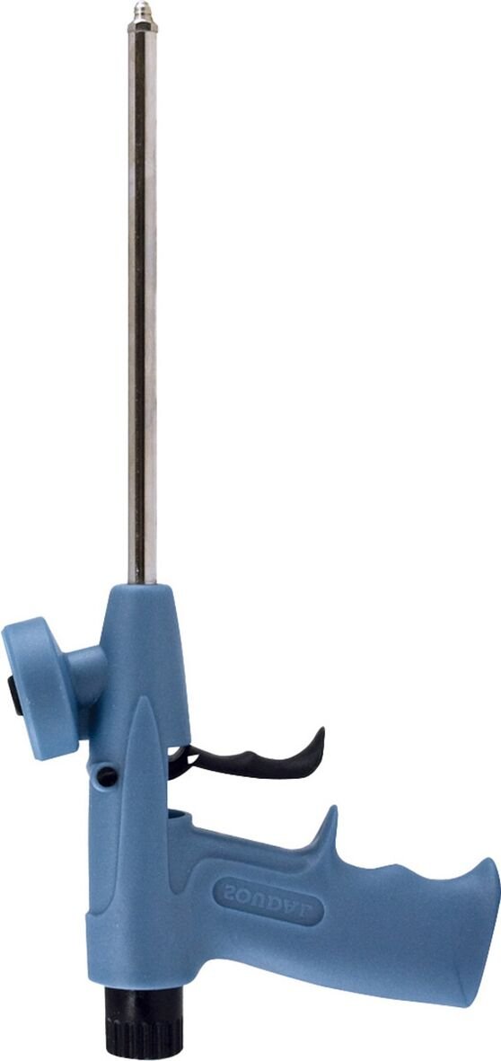 Manual foam dispensing gun with long metal nozzle, trigger, can connector and flow-adjustment knob; no battery.