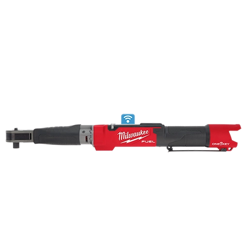 Long digital cordless torque wrench with square-drive ratchet head and ONE-KEY mark