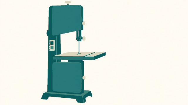 Editorial illustration: upright woodworking band saw, switched off.