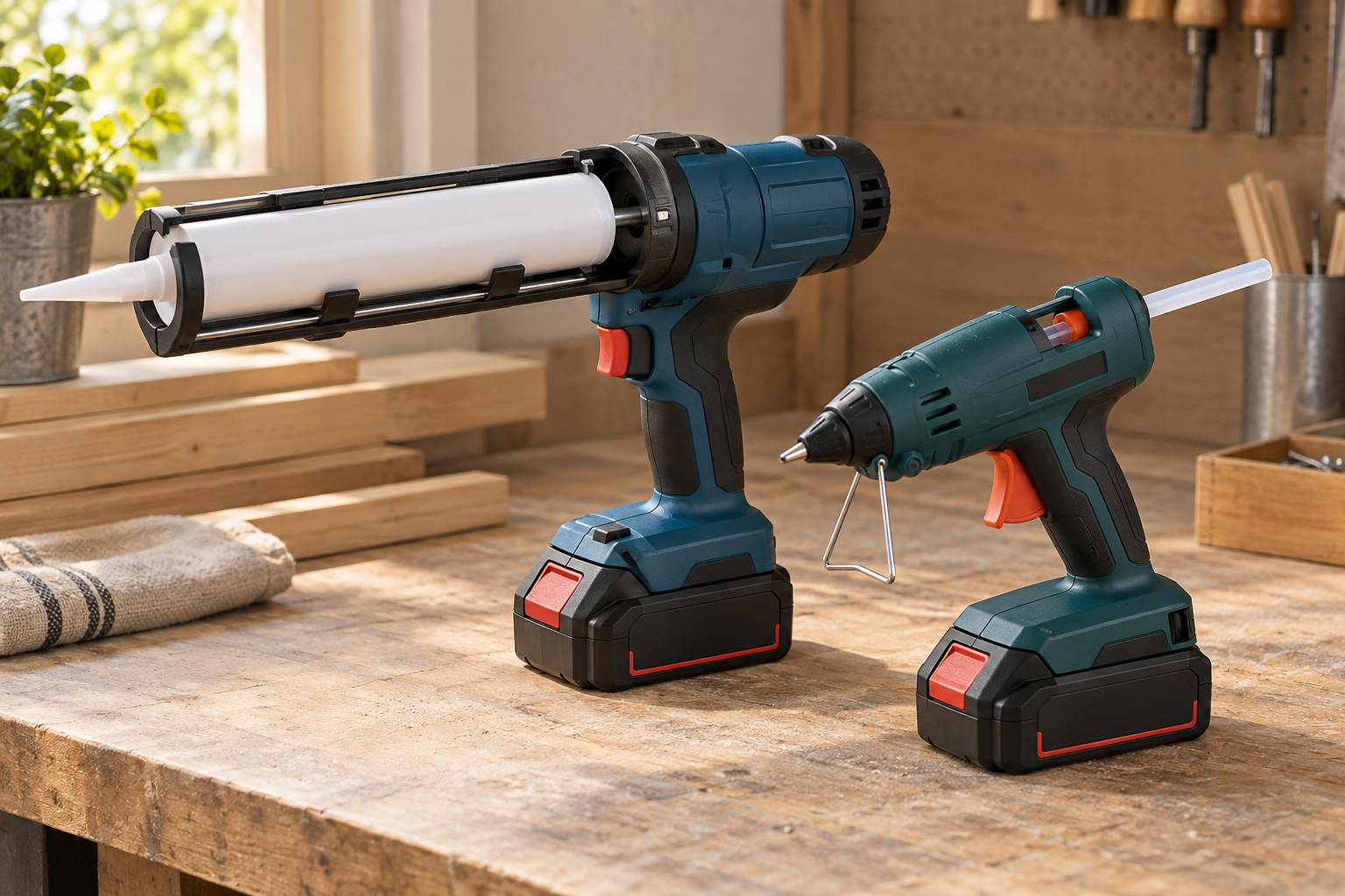 AI-generated editorial illustration of battery caulk and glue guns