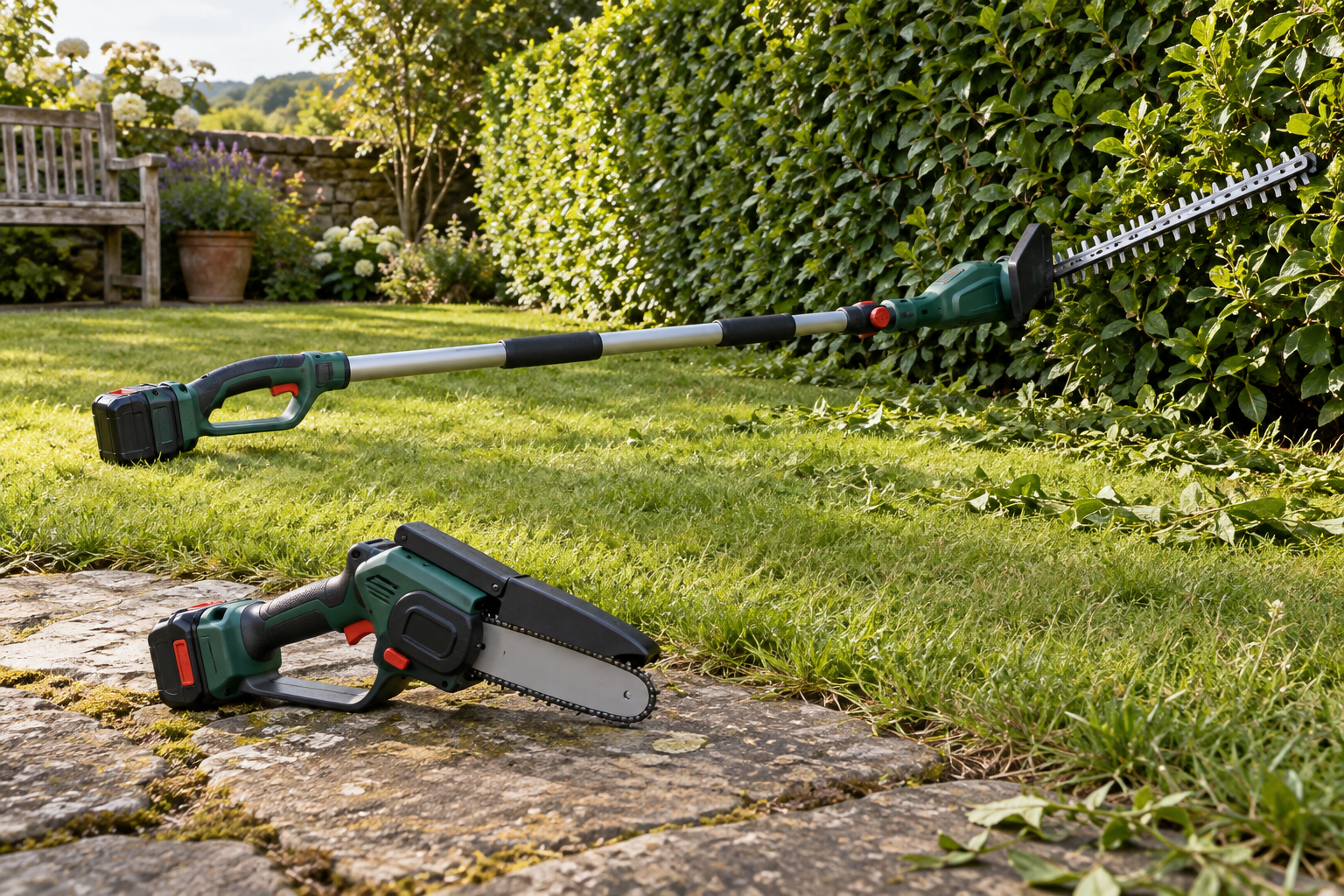 AI-generated editorial illustration of battery pruning saw and pole hedge trimmer