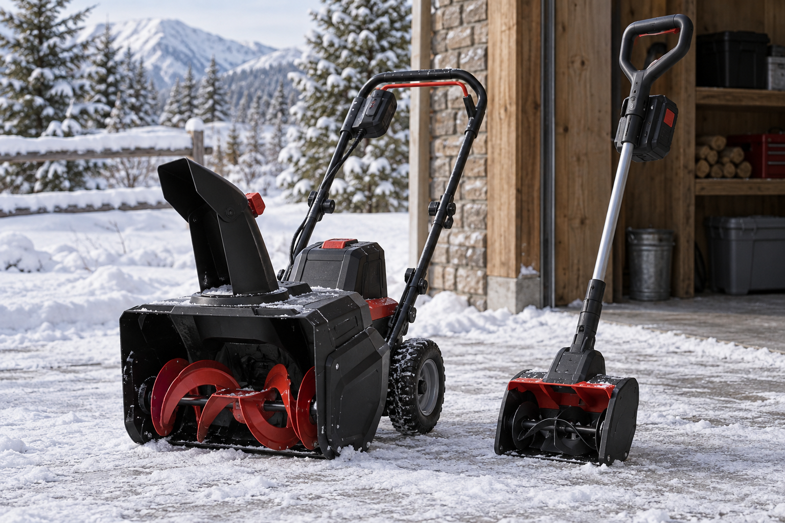 AI-generated editorial illustration of battery snowblower and snow shovel