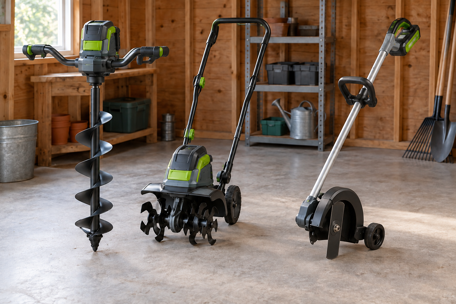 AI-generated editorial illustration of battery yard tools corrected