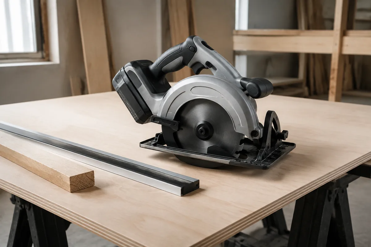 Editorial illustration: handheld cordless circular saw resting on a workbench.
