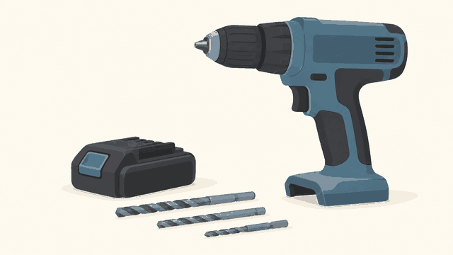 Editorial illustration: unbranded cordless drill beside a detached battery and drill bits.