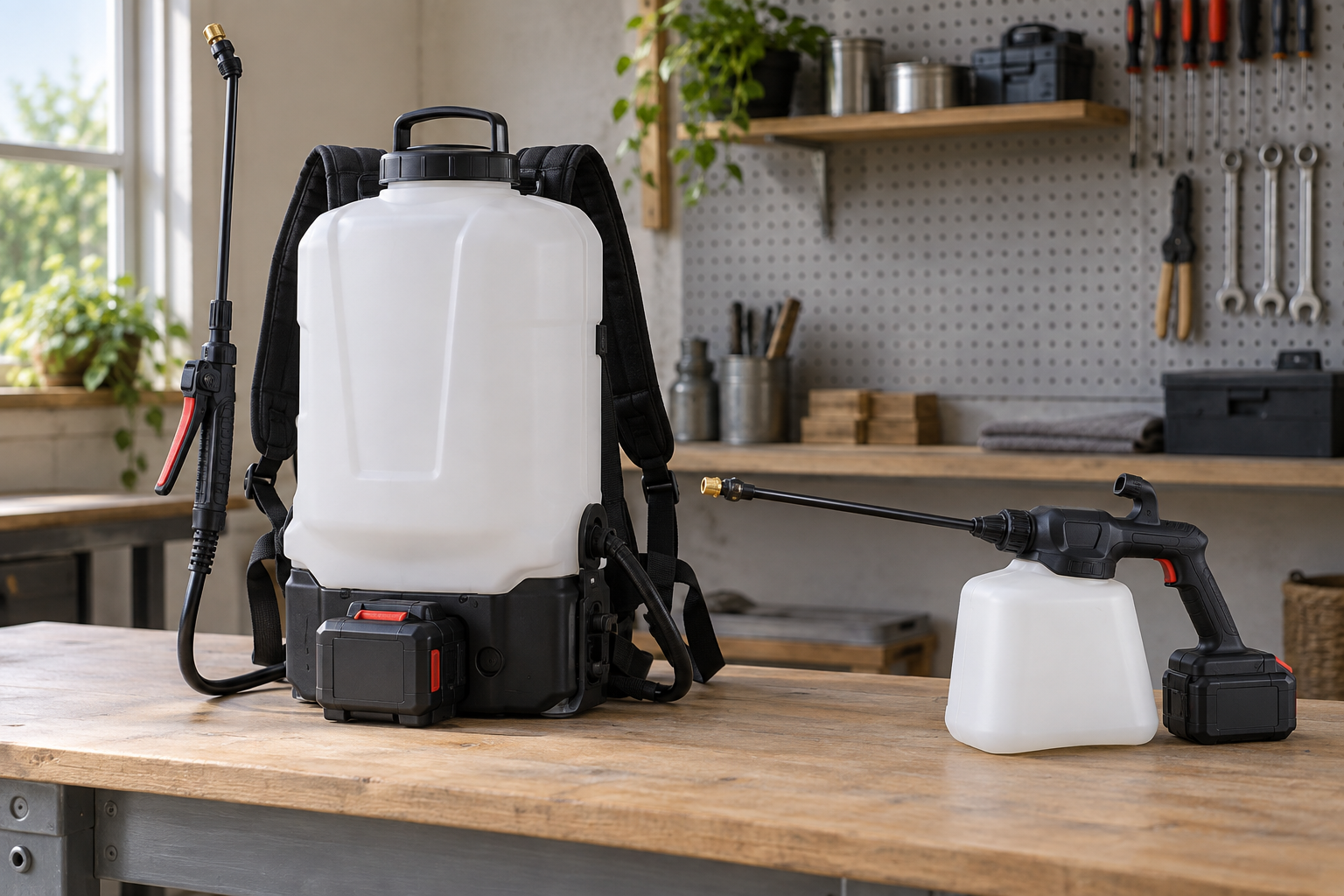 AI-generated editorial illustration of cordless garden sprayers