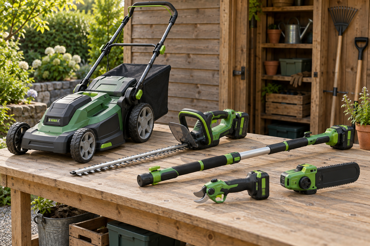 AI-generated editorial illustration of cordless lawn and hedge tools