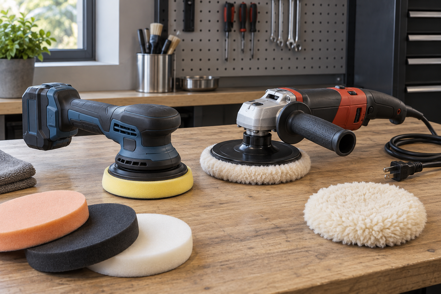 AI-generated editorial illustration of cordless polishers and pads