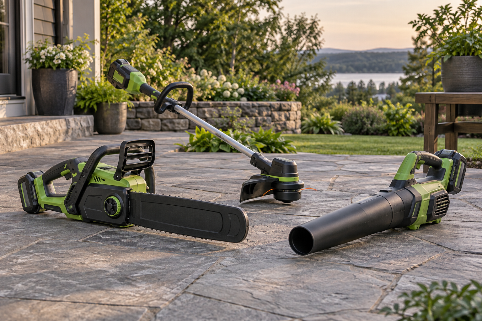AI-generated editorial illustration of cordless yard tools