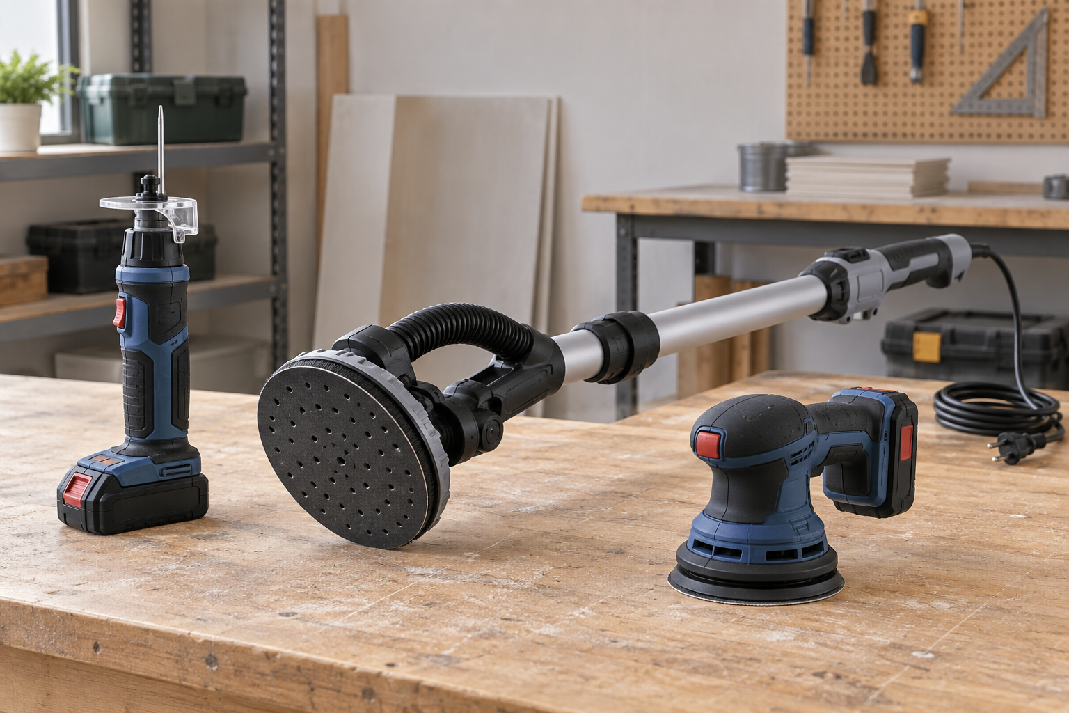 AI-generated editorial illustration of drywall cutout tools and sanders