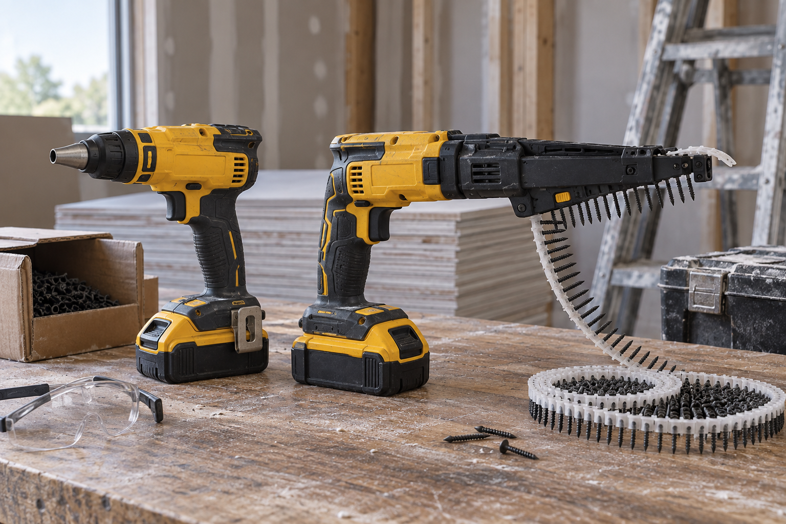 AI-generated editorial illustration of drywall screw guns
