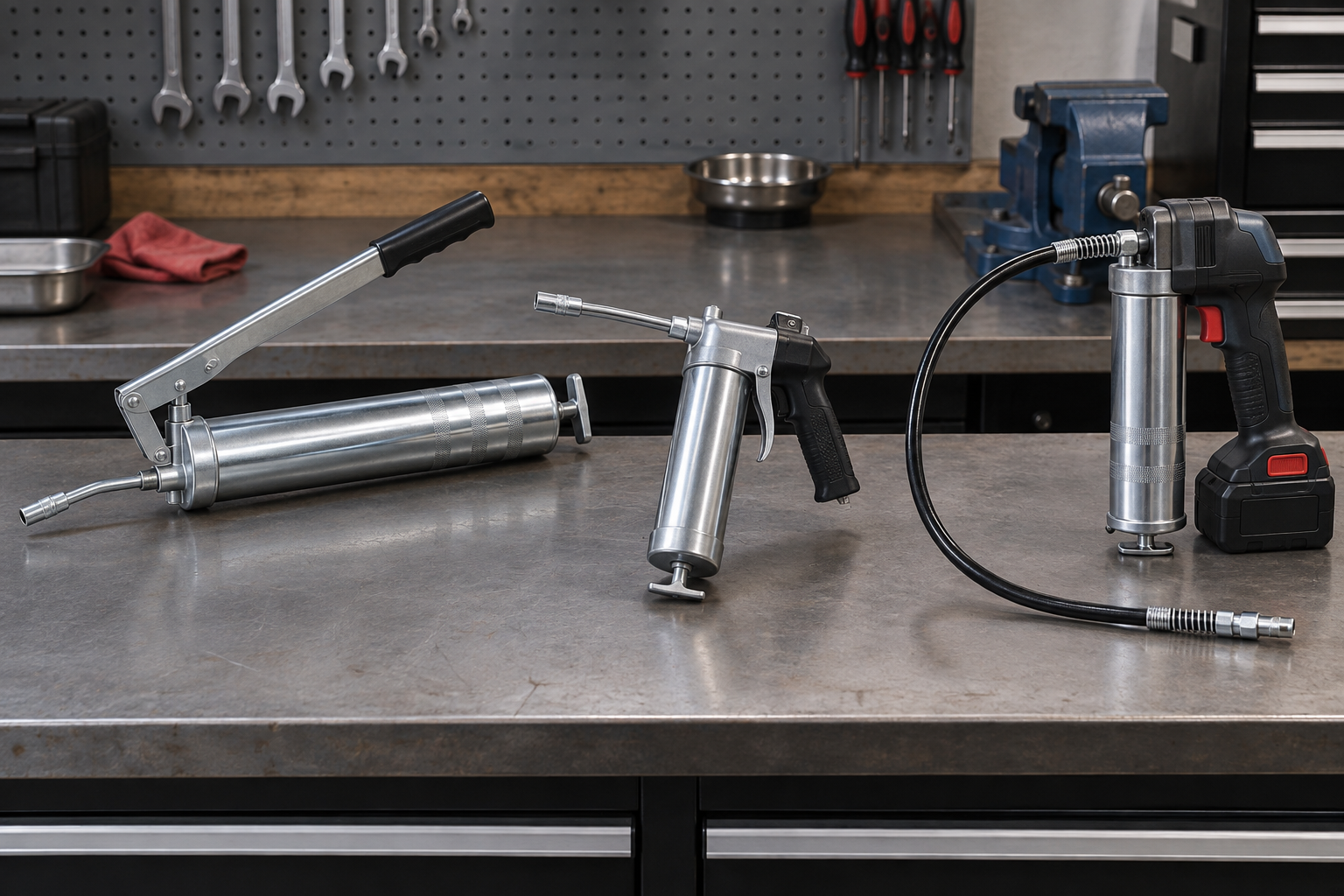 AI-generated editorial illustration of grease guns manual and battery
