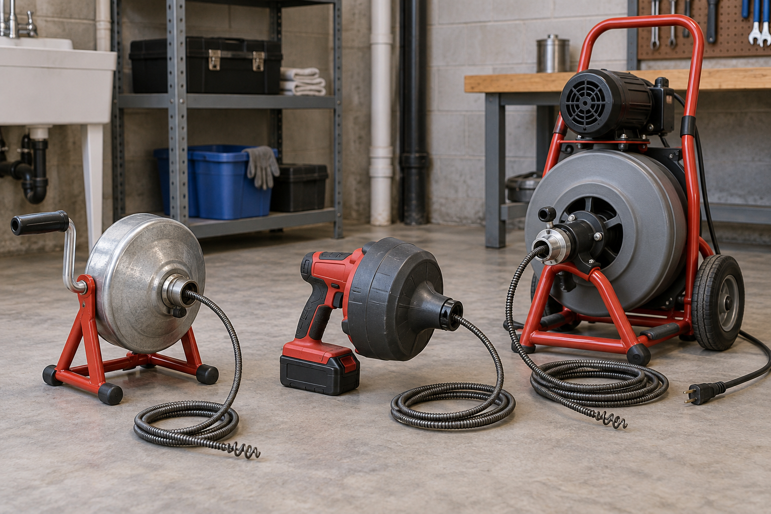 AI-generated editorial illustration of manual and powered drain augers