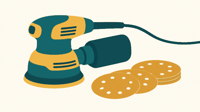 Editorial illustration: random orbital sander beside circular sanding discs.