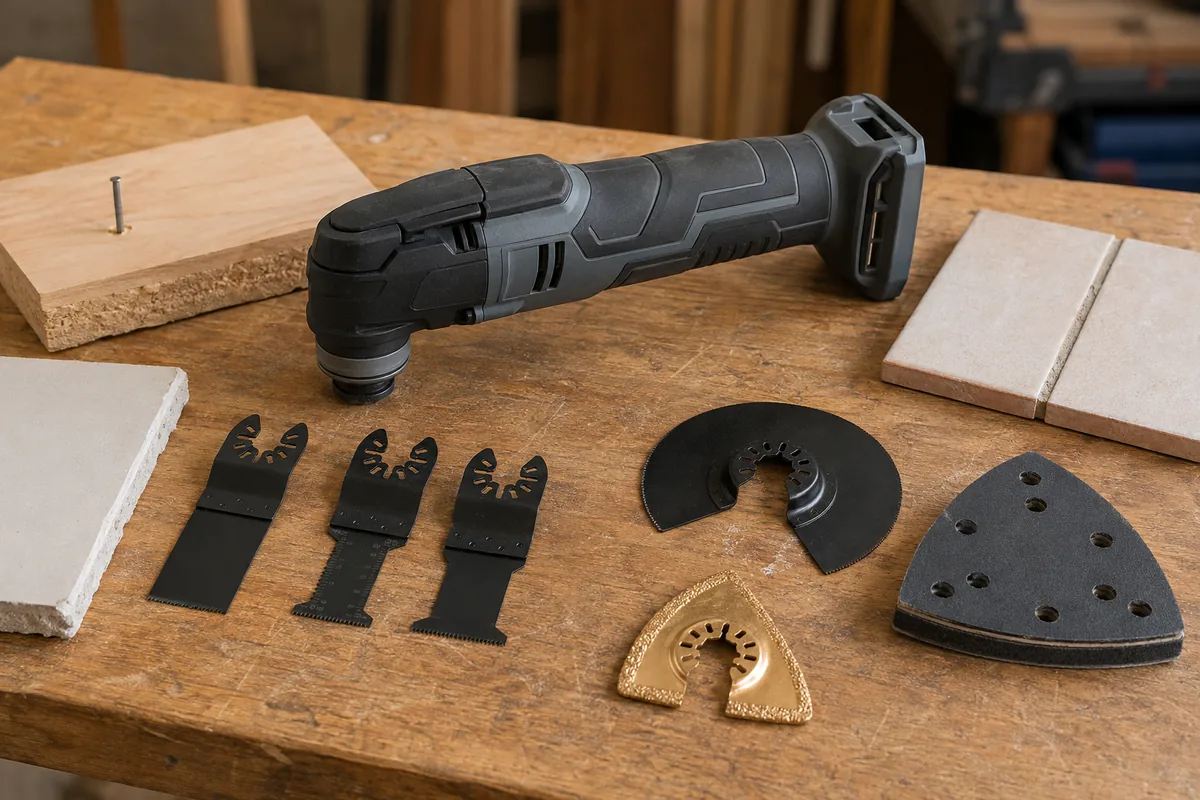 Editorial illustration: oscillating multitool beside cutting blades and a triangular sanding pad.