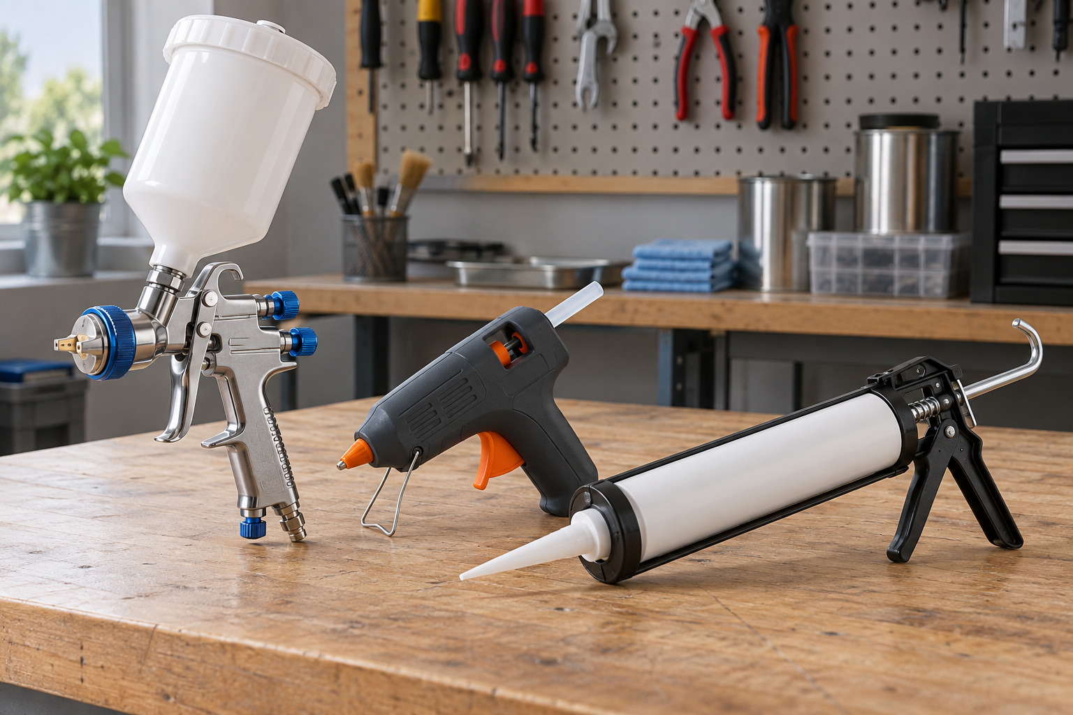 AI-generated editorial illustration of paint caulk and glue tools