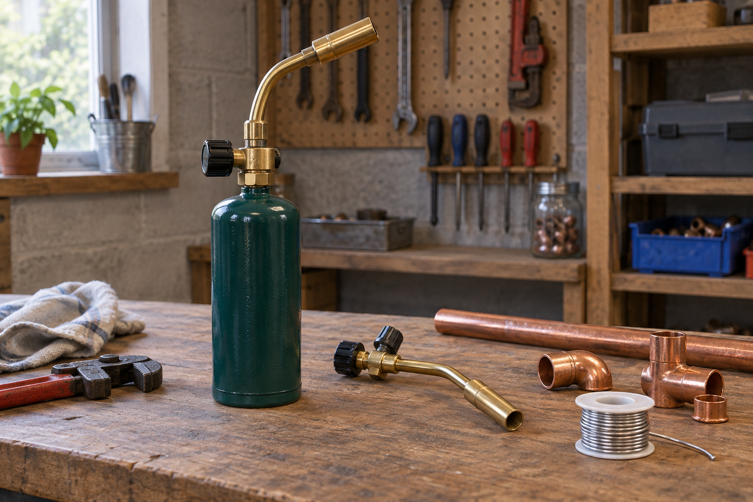 AI-generated editorial illustration of plumbing gas torch