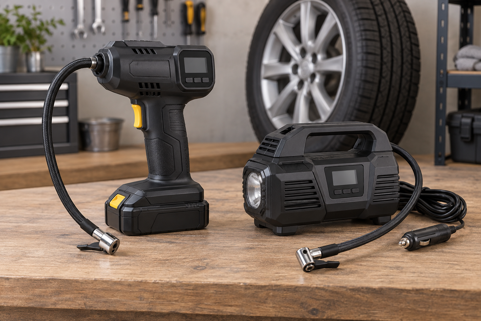 AI-generated editorial illustration of portable tire inflators