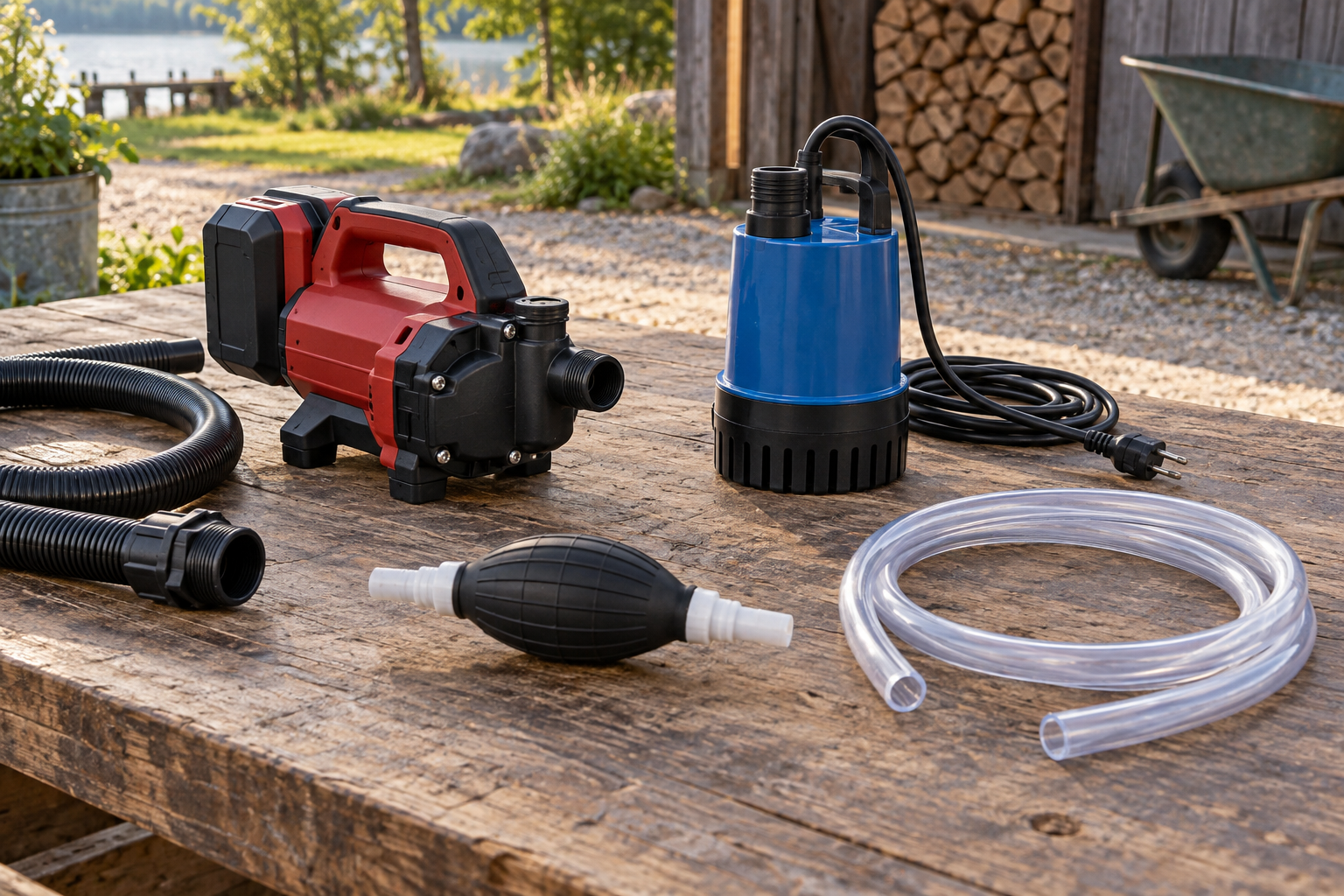 AI-generated editorial illustration of portable water transfer pumps