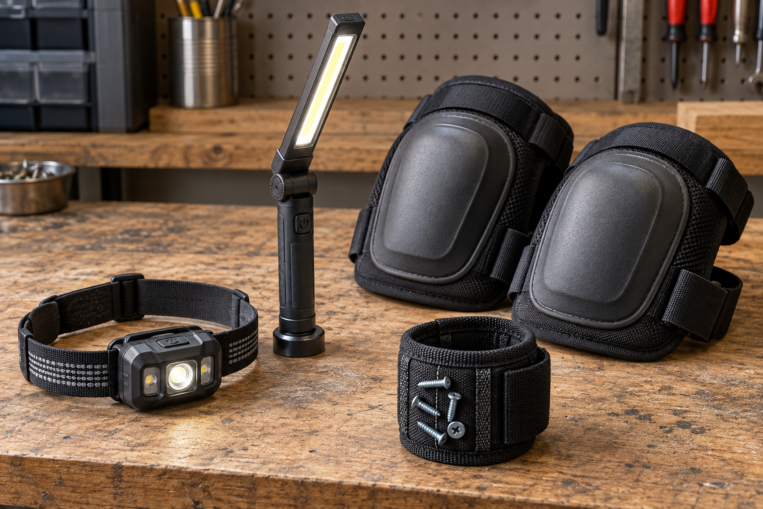 AI-generated editorial illustration of portable work lights and repair wearables