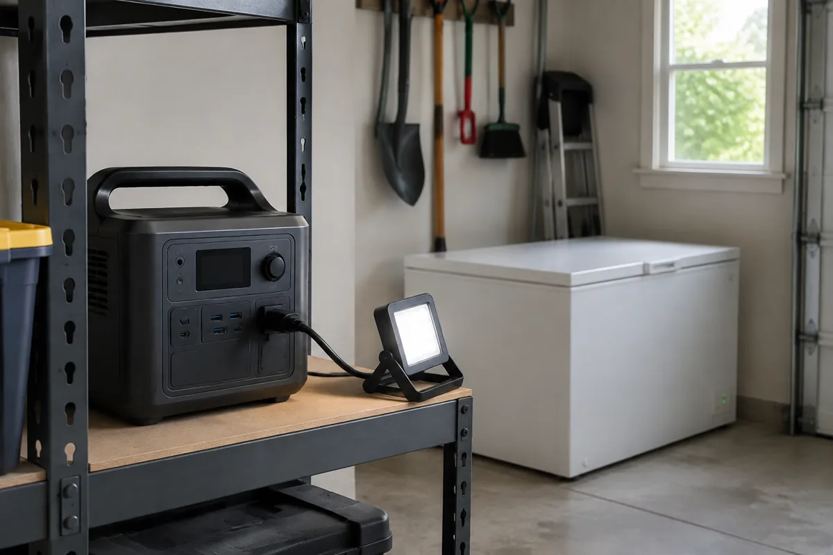 Editorial illustration: portable battery power station near a chest freezer.
