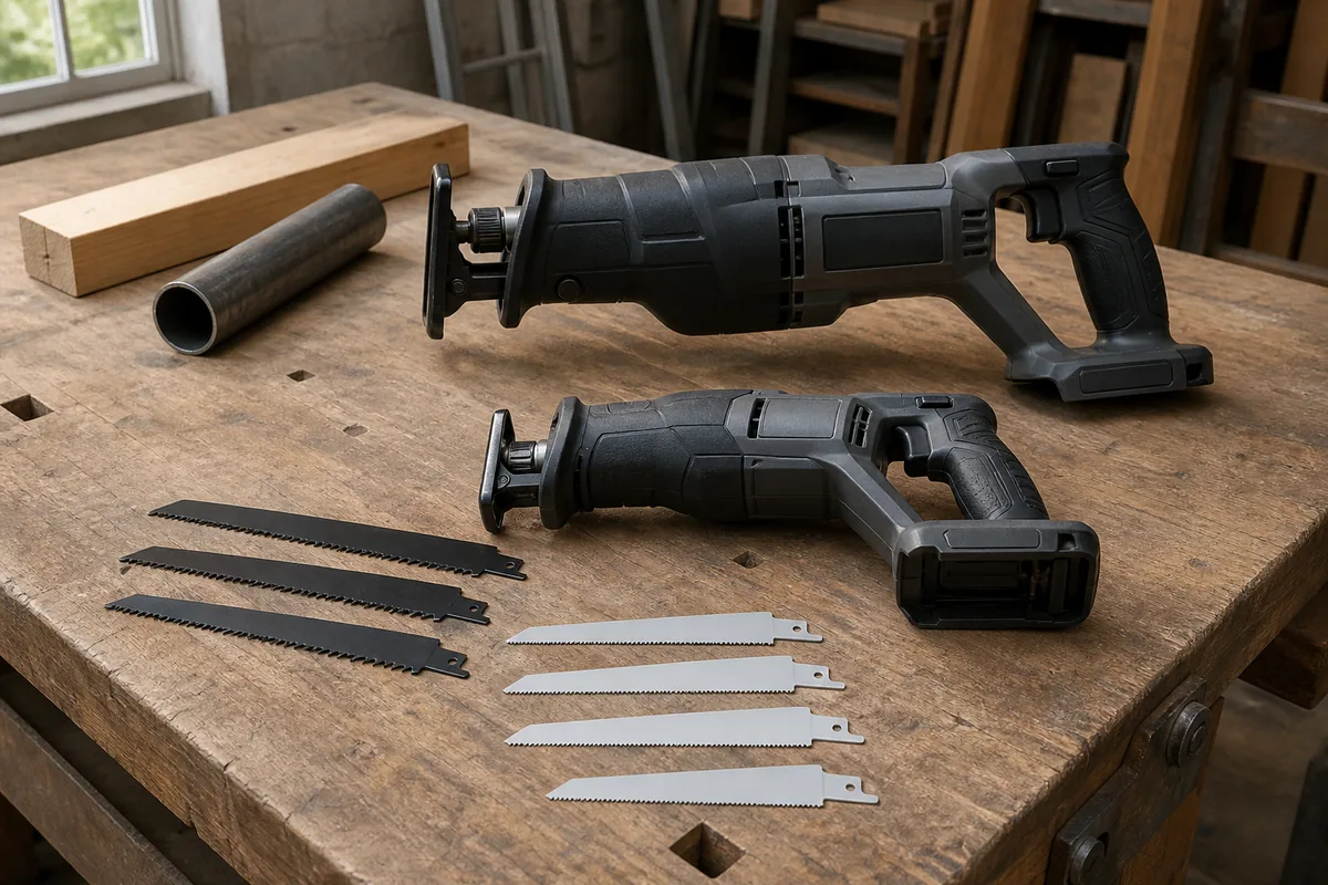 Editorial illustration: reciprocating saws with an assortment of straight blades.