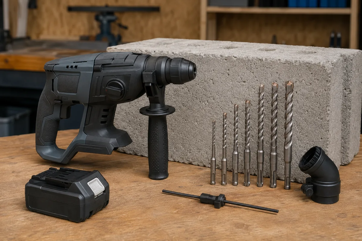 Editorial illustration: sDS-style rotary hammer with auxiliary handle and masonry drill bits.