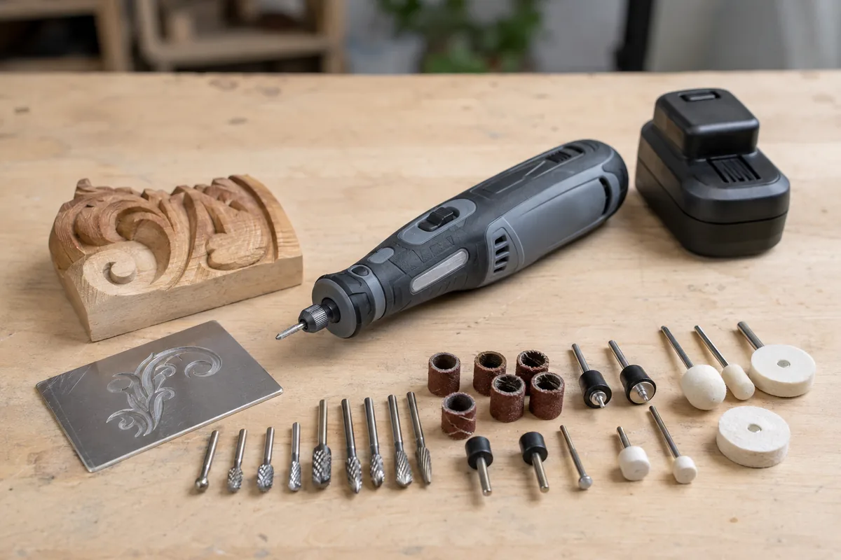 Editorial illustration: handheld rotary tool with sanding and polishing accessories.