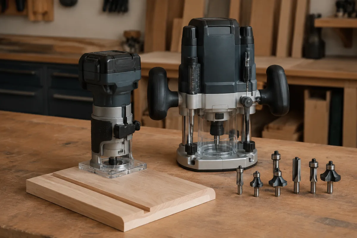 Editorial illustration: woodworking router with a small selection of router bits.