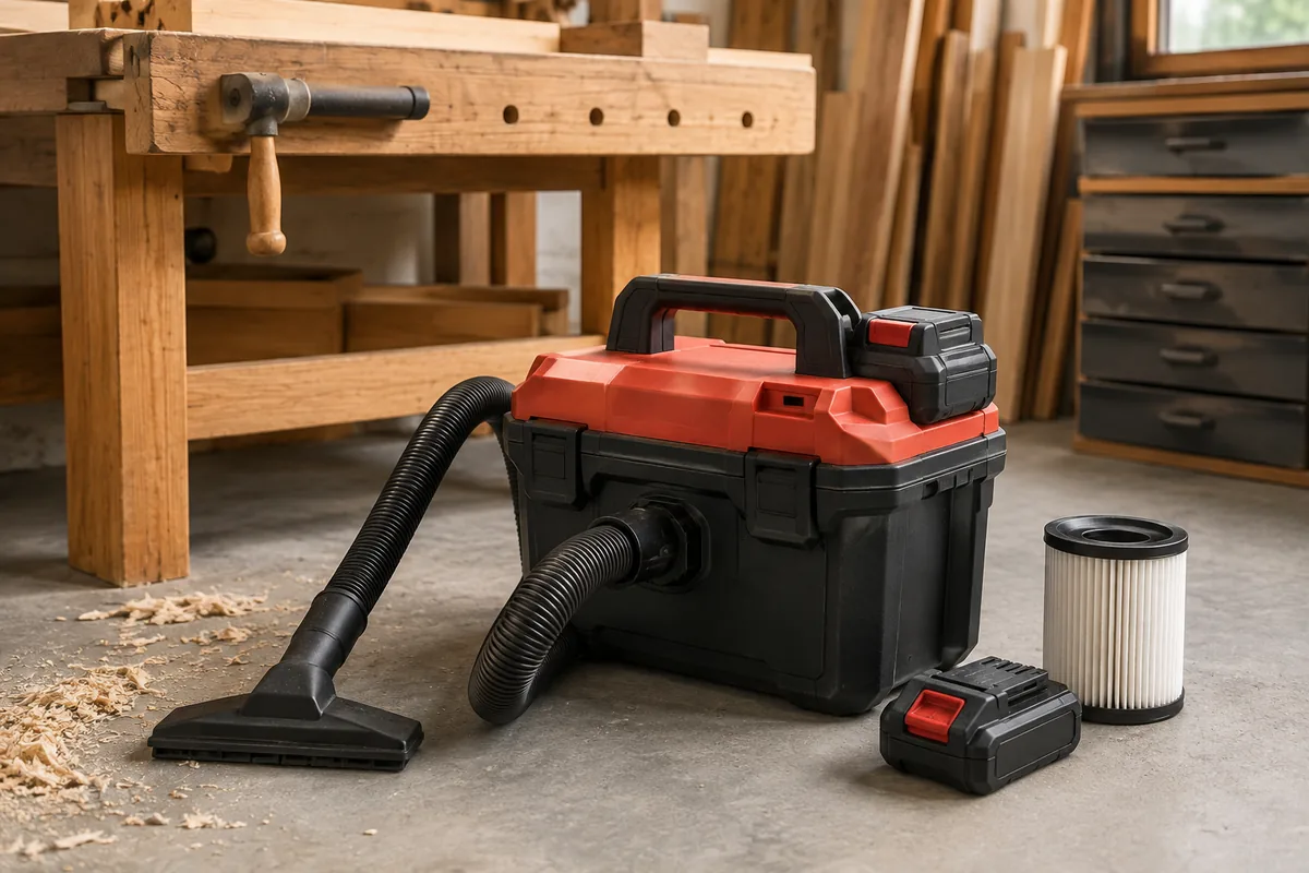 Editorial illustration: portable shop vacuum with hose and replacement cartridge filter.