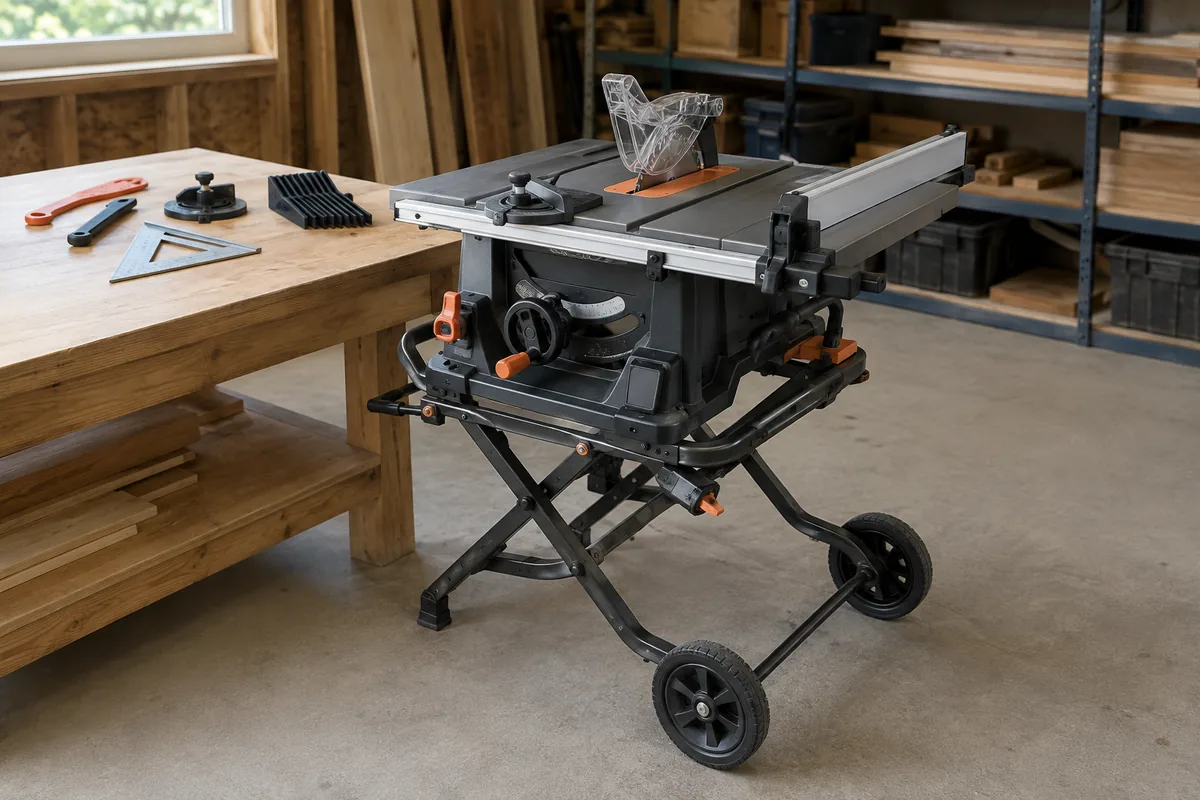 Editorial illustration: portable table saw on a wheeled stand in a workshop.