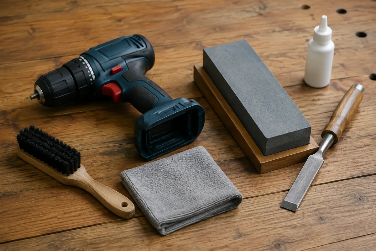 Editorial illustration: cordless drill, sharpening stone, cloth and chisel on a workbench.