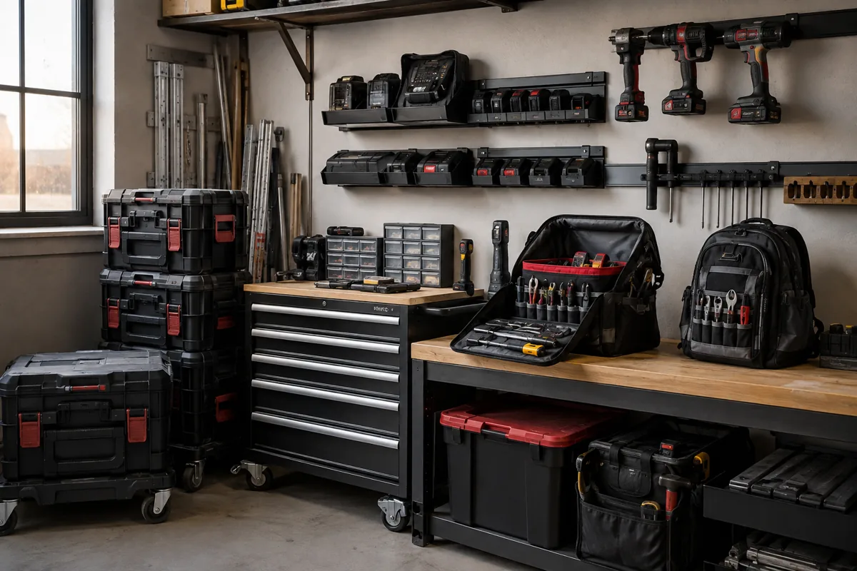 Editorial illustration: workshop tool cabinets, tool cases and wall storage.
