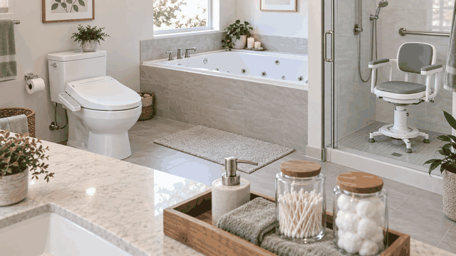 Bathroom accessibility aids and storage accessories
