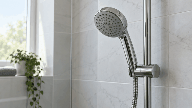 Chrome handheld shower head with hose in a tiled bathroom
